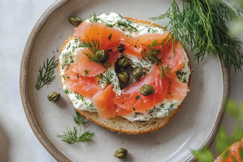 A bagel sandwich with smoked salmon, cream cheese, and capers.