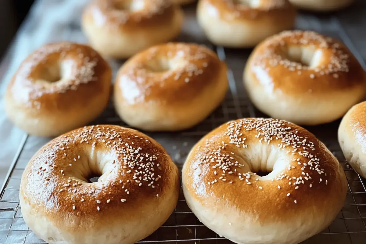 A batch of golden-brown sourdough bagels on a cooling rack.