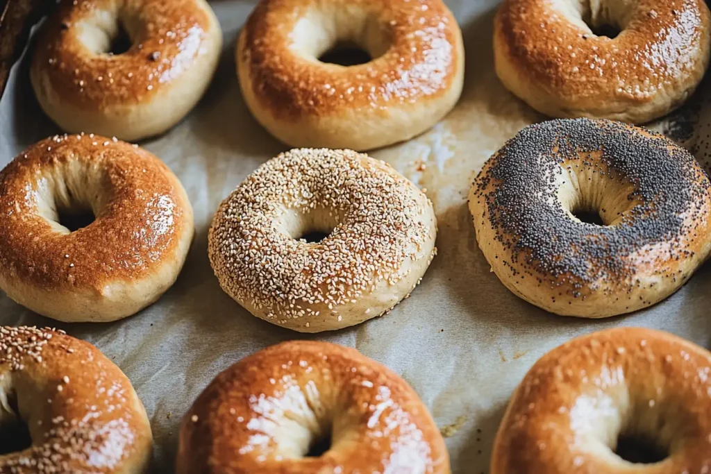 Freshly baked sourdough bagels on a parchment-lined baking tray, featuring golden brown crusts with a variety of toppings, including sesame seeds, poppy seeds, and plain finishes. The bagels are arranged in an artisanal style, highlighting their crisp texture and rustic appeal.