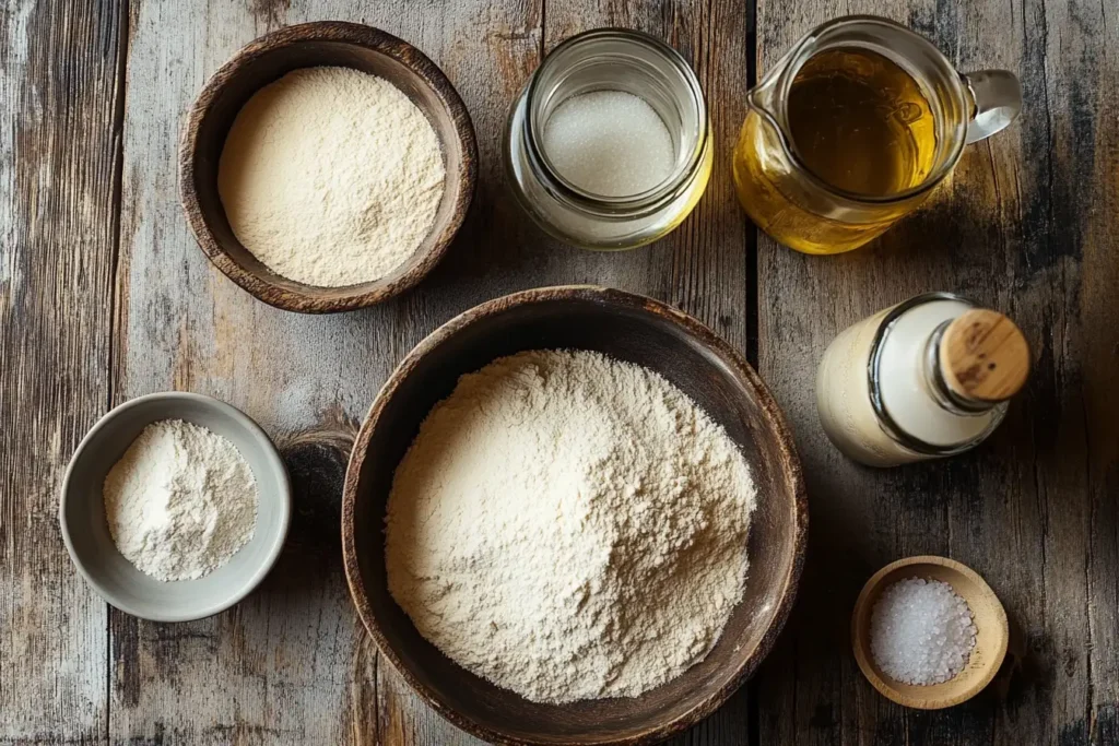 A top-down view of sourdough bagel ingredients arranged on a rustic wooden table. Include a bowl of flour, a small bowl of salt, a glass jar of sourdough starter, a pitcher of water, and a small bottle of oil. Each item is neatly placed, creating an inviting and artisanal composition, with warm natural lighting highlighting the textures and earthy tones of the ingredients.