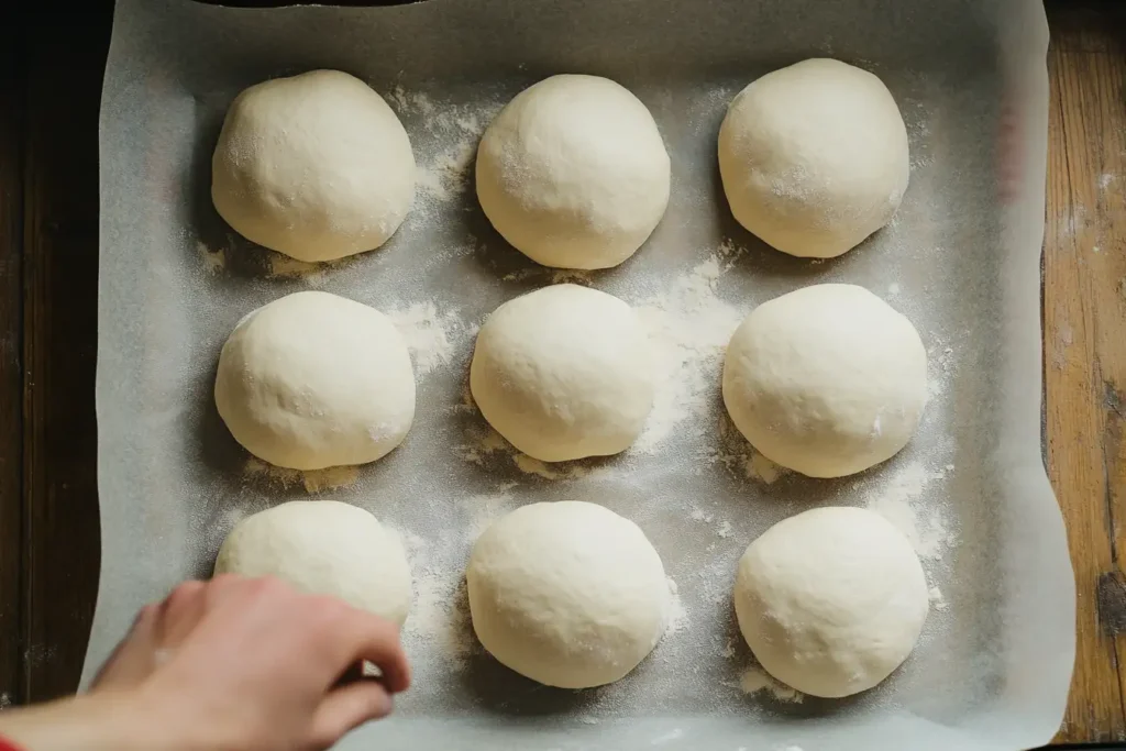 Dough pieces shaped into round on a floured surface.