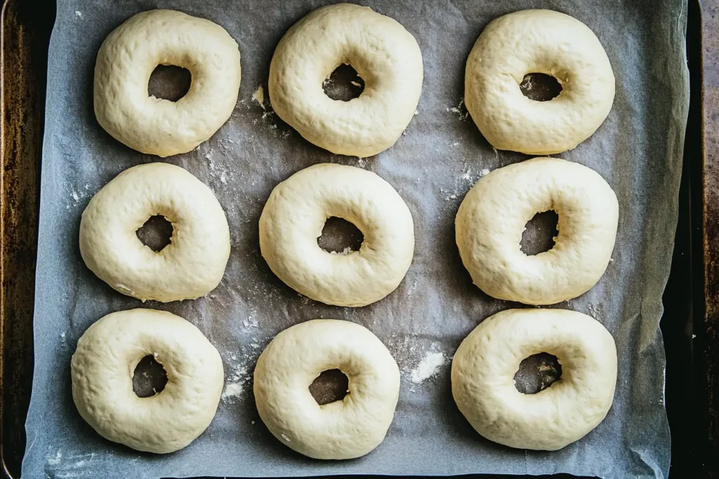 Dough pieces shaped into rings on a floured surface.