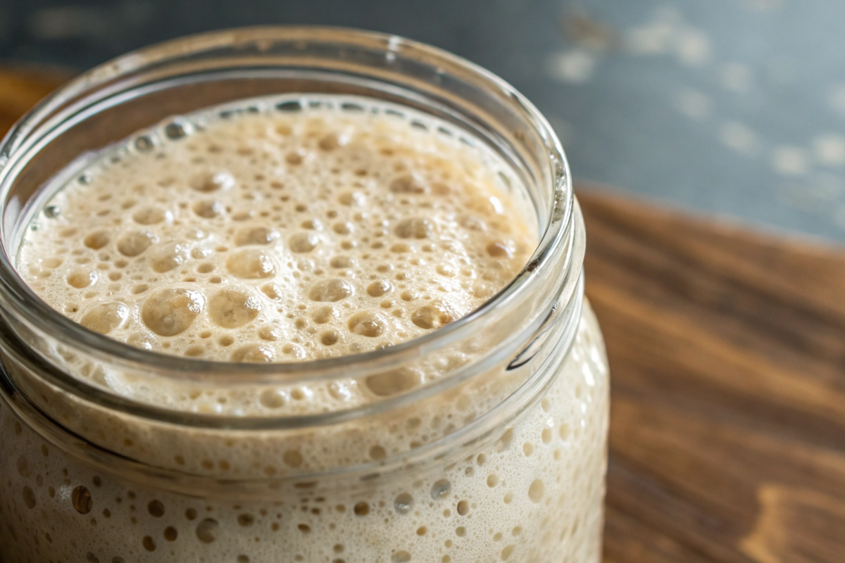 Close-up of a bubbly sourdough starter in a glass jar, showcasing its active and ready-to-use texture on a wooden surface." This title and alt text are SEO-friendly, descriptive, and keyword-rich while ensuring accessibility and relevance