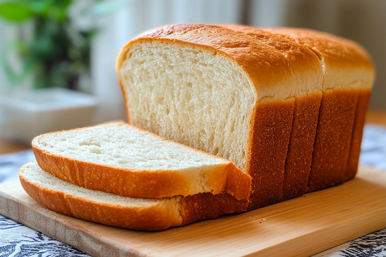 A golden sourdough sandwich loaf cooling on a wire rack with slices displayed next to it, brushed with butter.