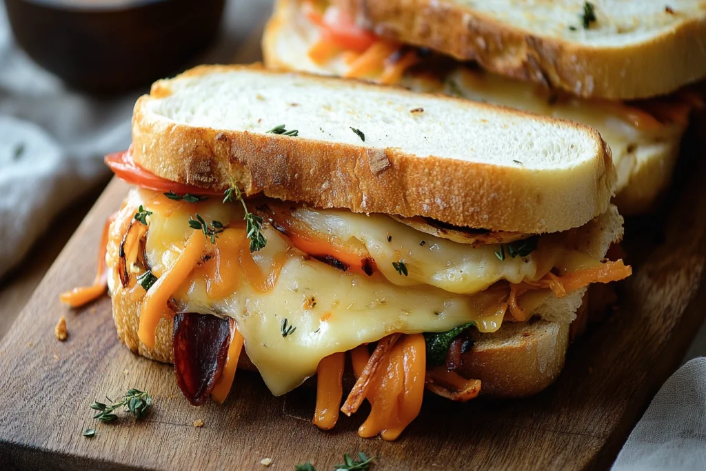 A close-up of a gourmet grilled cheese sandwich, layered with melted cheese, sautéed vegetables, and fresh thyme on rustic bread, served on a wooden board