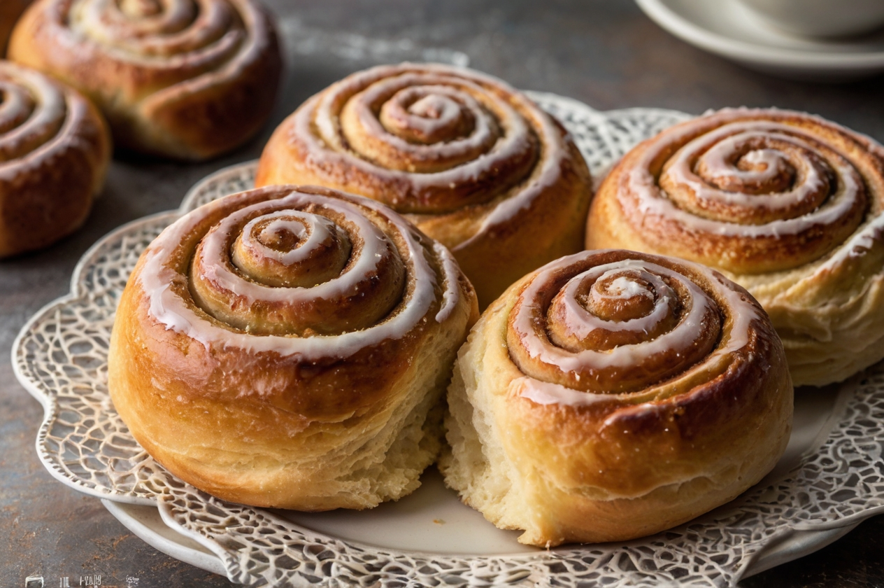 Golden-brown cinnamon sourdough rolls with a sweet glaze, served on a delicate lace-patterned plate. The soft, fluffy texture and perfectly swirled cinnamon filling make them a delicious homemade treat.