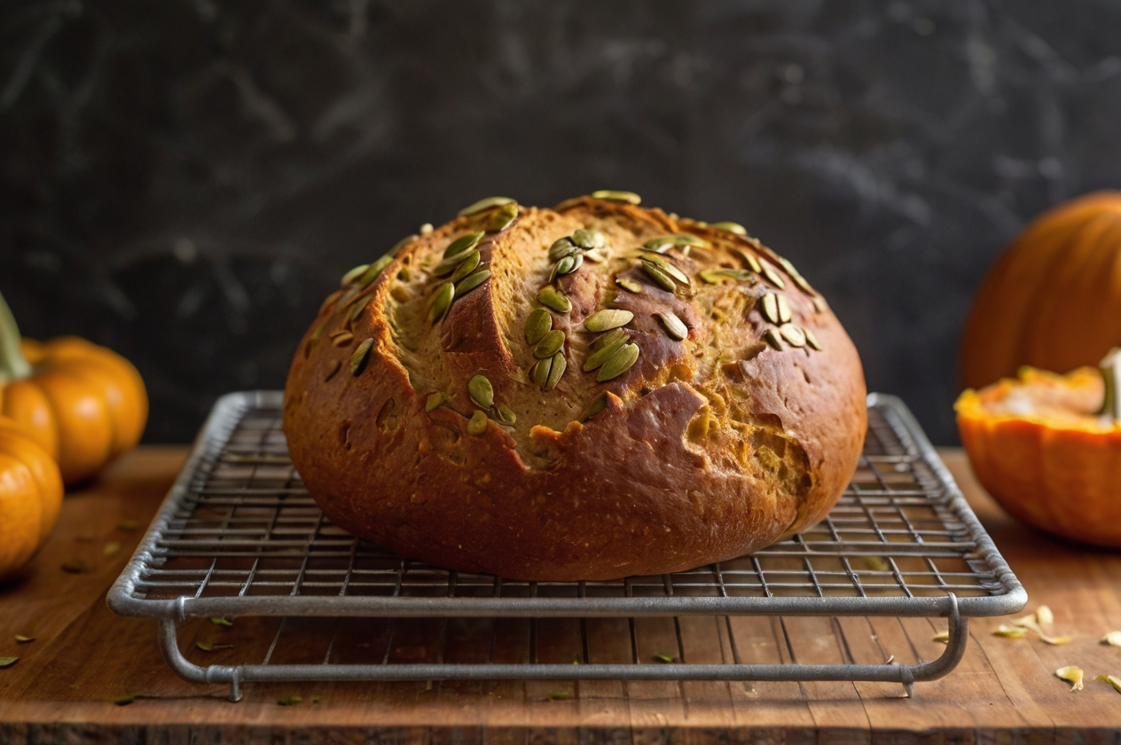 "Freshly baked pumpkin sourdough bread topped with pumpkin seeds, cooling on a wire rack. The rustic background includes whole pumpkins and autumn decor, creating a warm and seasonal vibe."