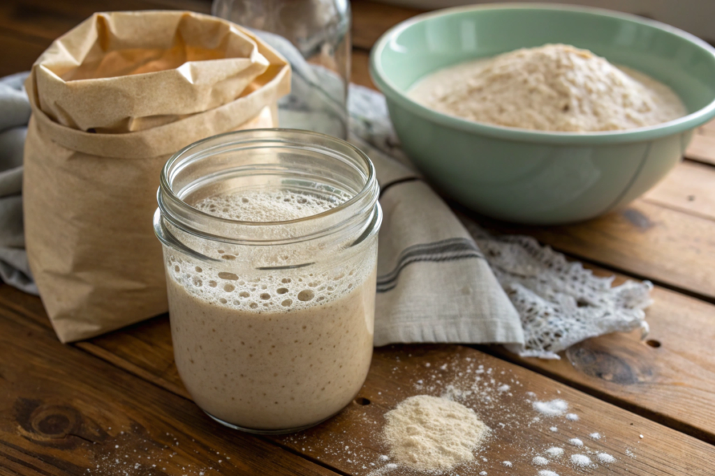 Bubbly sourdough starter in a glass jar with flour and water on a rustic wooden table.