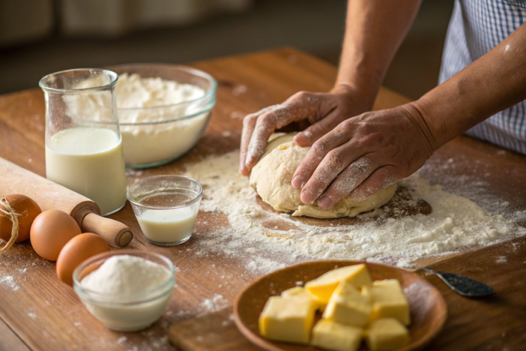 Close-up of hands kneading soft dough on a floured wooden surface, surrounded by baking ingredients including milk, flour, eggs, and butter. The scene captures the process of preparing homemade cinnamon rolls in a warm, rustic kitchen setting.