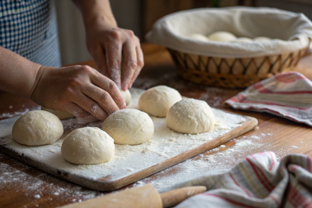 "Close-up of hands shaping sourdough dinner roll dough on a floured wooden surface, with a basket of proofing dough and a striped kitchen towel in the background. Ideal for homemade bread baking."