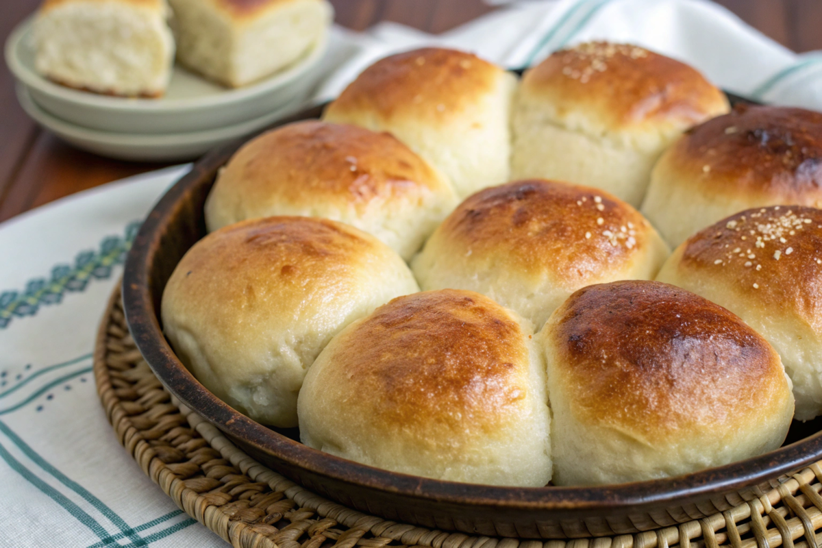 "Close-up of freshly baked sourdough dinner rolls with a golden-brown crust, served in a round pan on a woven placemat. Soft, airy bread perfect for family meals and gatherings."