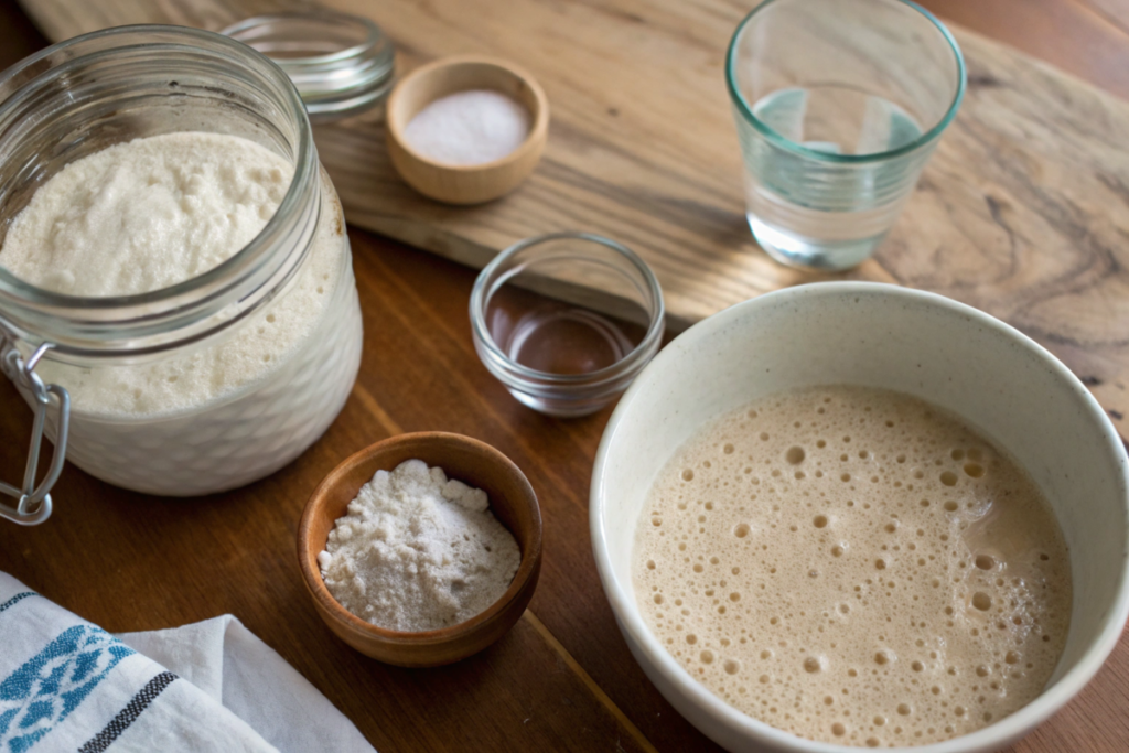 "Close-up of sourdough bread ingredients, including an active sourdough starter in a jar, flour, salt, water, and a bubbly starter in a bowl, arranged on a wooden surface with a rustic aesthetic. Perfect for sourdough baking guides."