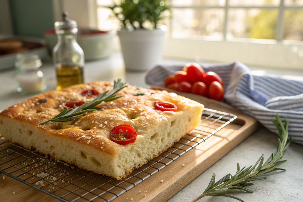 A freshly baked slice of golden focaccia bread sits on a cooling rack. The bread is topped with halved cherry tomatoes, rosemary sprigs, and a sprinkle of flaky sea salt, creating a rustic and appetizing look. In the background, olive oil, fresh tomatoes, and a striped kitchen towel add to the cozy, sunlit kitchen scene, perfect for homemade baking inspiration.