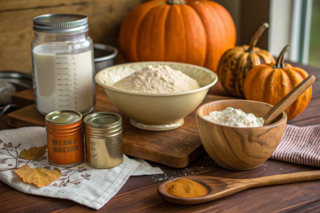 "Rustic kitchen setup featuring ingredients for pumpkin baking: a jar of sourdough starter, bowls of flour, spices in small jars, and fresh pumpkins in the background. Perfect for autumn-inspired recipes."