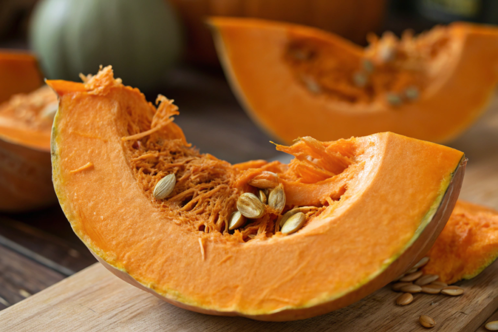 "Close-up of a fresh pumpkin slice showcasing its vibrant orange flesh and seeds, with additional pumpkin slices blurred in the background. Perfect for fall-inspired recipes and seasonal decor."