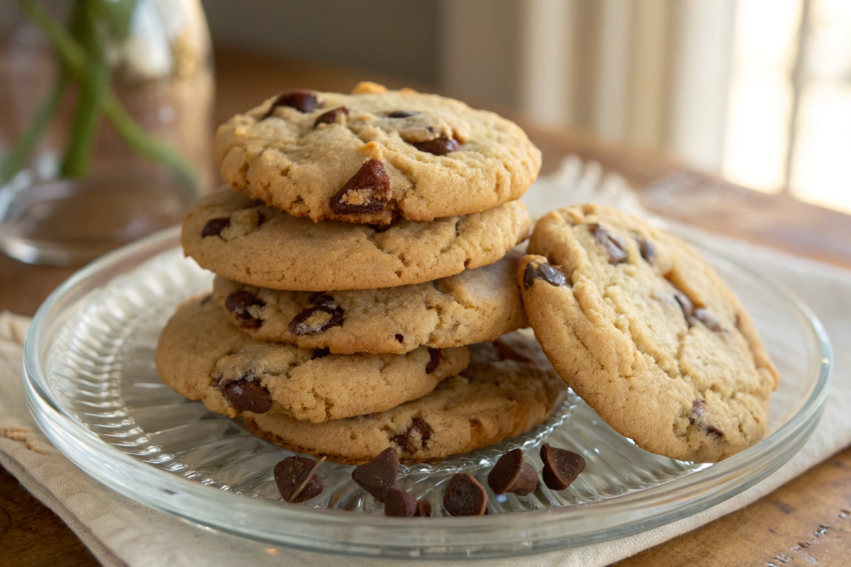 A stack of freshly baked chocolate chip cookies sits on a clear glass plate. The cookies are golden brown with crisp edges and soft centers, generously studded with rich chocolate chips. The scene is set on a cozy wooden table with natural light streaming in, adding a warm and inviting touch.