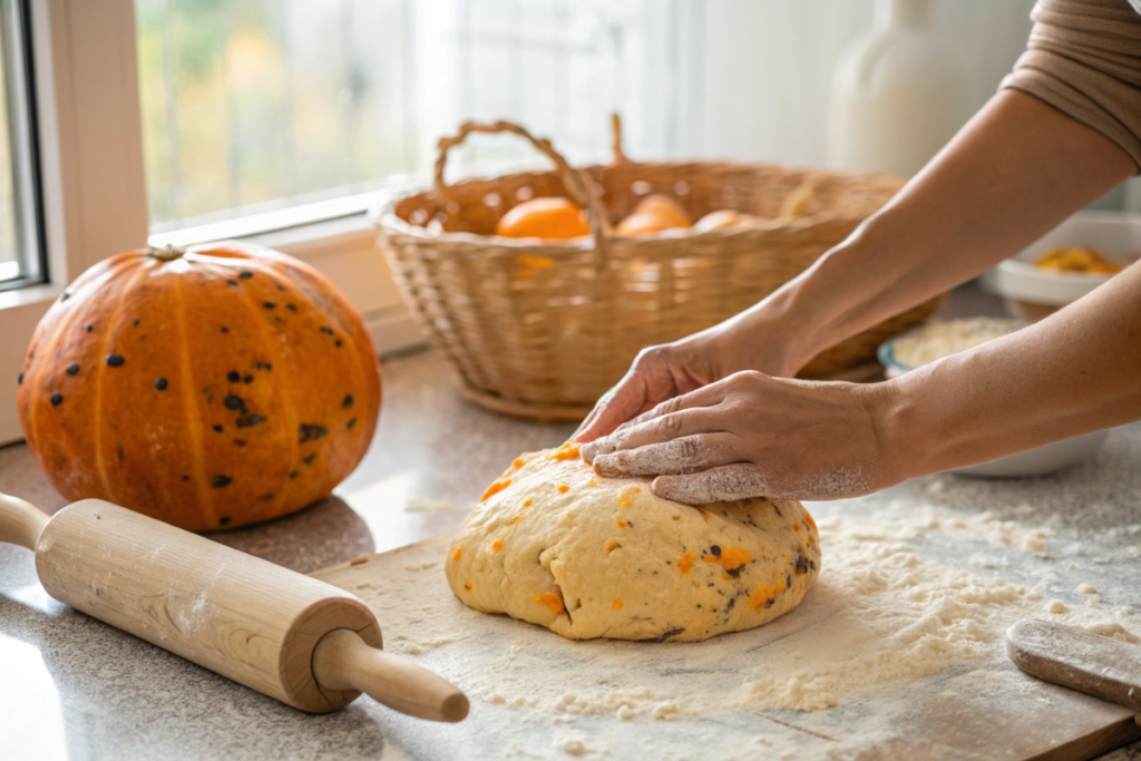 "Hands kneading pumpkin sourdough dough on a floured countertop, with a large orange pumpkin and a basket of fresh produce in the background. A rolling pin rests nearby, adding to the cozy, homemade baking atmosphere."