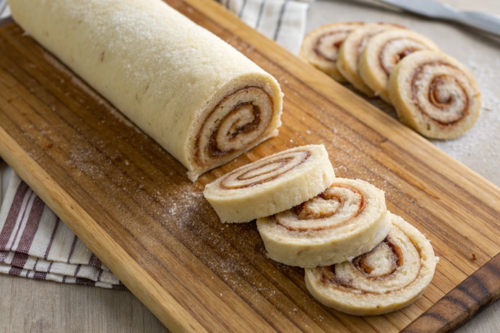 A rolled log of cinnamon-sugar dough on a wooden cutting board, partially sliced into neat spirals. The rich swirls of cinnamon filling are visible, with additional slices arranged in the background. A striped kitchen towel adds a rustic touch