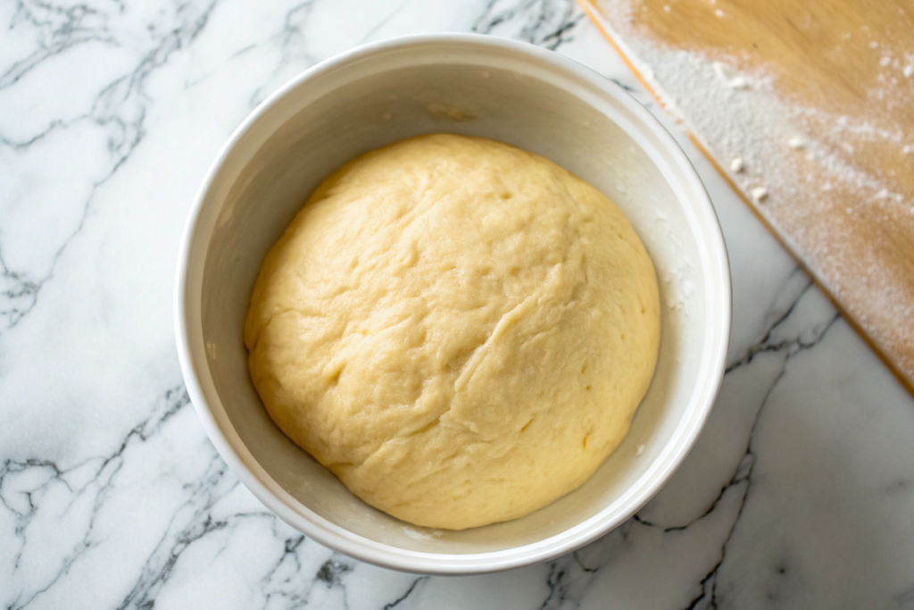 Top-down view of a smooth, golden ball of proofed dough resting in a white bowl on a marble countertop. A floured wooden surface in the background hints at the next steps in the baking process.