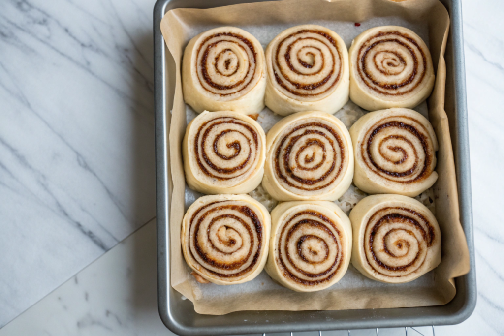 Top-down view of uncooked cinnamon rolls neatly arranged in a parchment-lined baking tray. The cinnamon swirls are evenly visible, highlighting their uniform design, with the tray resting on a marble countertop for a clean and elegant presentation