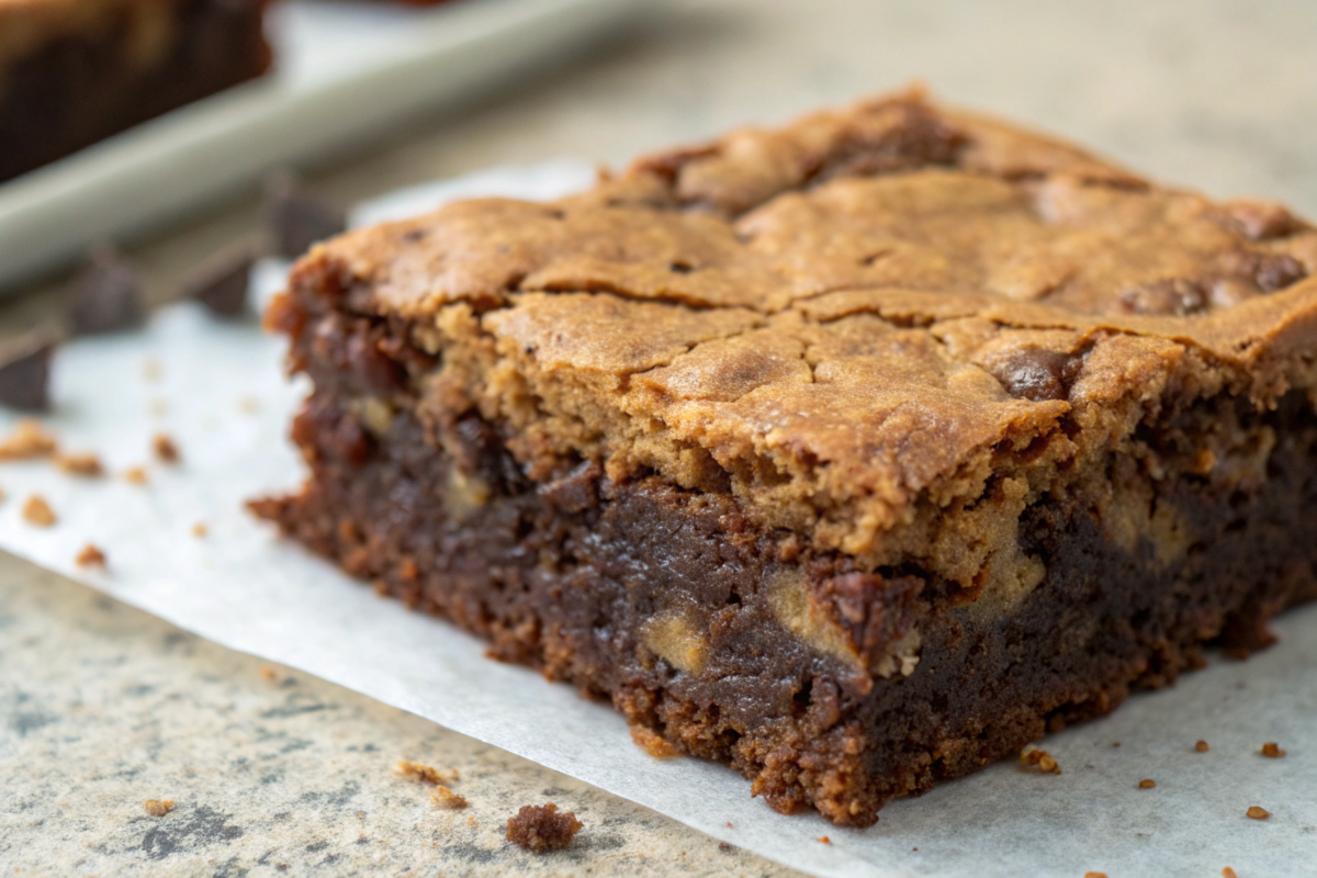 A close-up of a rich, fudgy sourdough brownie with a golden-brown crust, gooey chocolate center, and visible chocolate chunks, sitting on parchment paper.