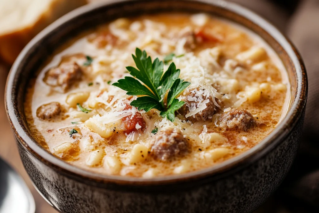 A serving of creamy Parmesan Italian sausage soup in a rustic bowl, topped with fresh parsley and grated Parmesan, ready to enjoy