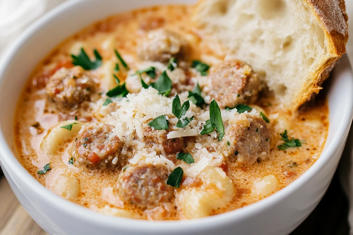 A creamy Parmesan Italian sausage soup served in a white bowl, garnished with parsley and paired with crusty bread on the side