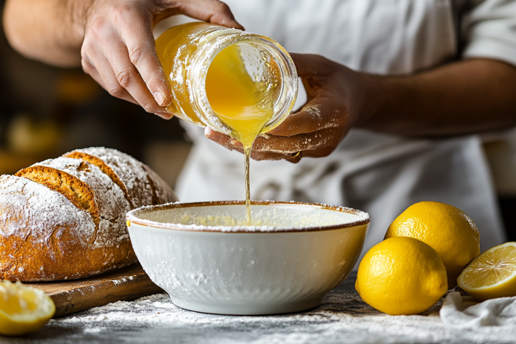 A baker pouring lemon juice into a mixing bowl with baking ingredients and a loaf of bread in the background