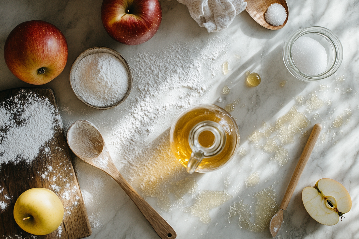 A flat lay of apple cider ingredients on a marble surface, featuring fresh apples, a glass jar of golden apple cider, bowls of sugar and flour, wooden spoons, and scattered flour and sugar crystals illuminated by soft sunlight.