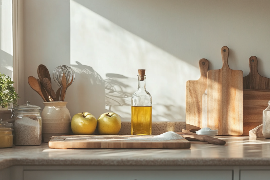 A bottle of apple cider vinegar surrounded by baking ingredients like flour, sugar, and a wooden spoon on a kitchen counte