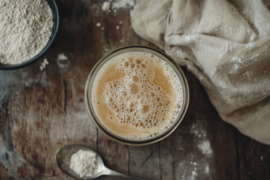 A close-up of a glass jar filled with bubbly, frothy sourdough starter on a rustic wooden surface. Surrounding the jar are a spoon with a small amount of flour, a bowl of flour, and a linen cloth dusted with flour, emphasizing a natural and homemade baking environment.