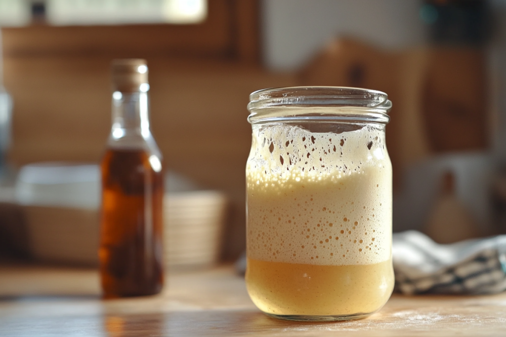 A bubbling sourdough starter in a glass jar, with a small bottle of apple cider vinegar beside it on a rustic kitchen table.