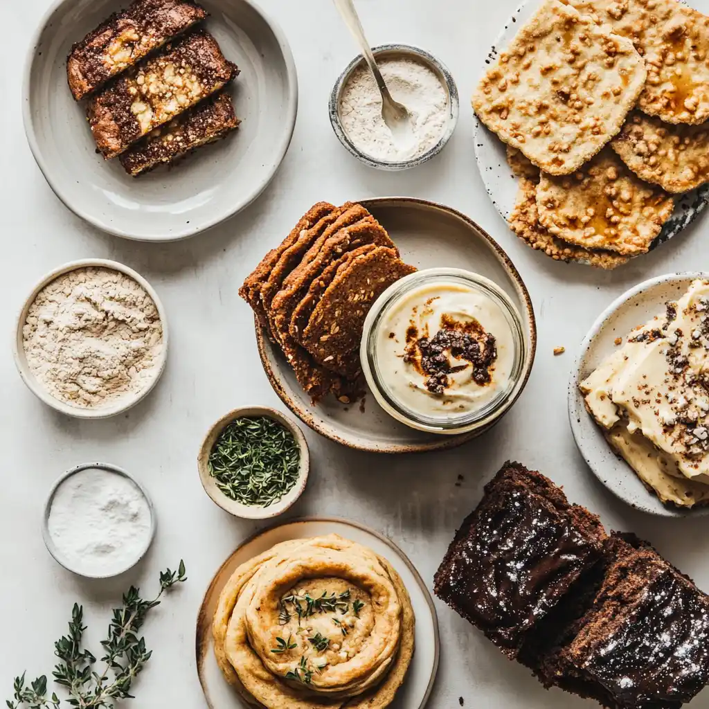 A creative spread of sourdough discard recipes, featuring crackers, bread slices, creamy dips, chocolate brownies, and fresh herbs arranged on a light surface.