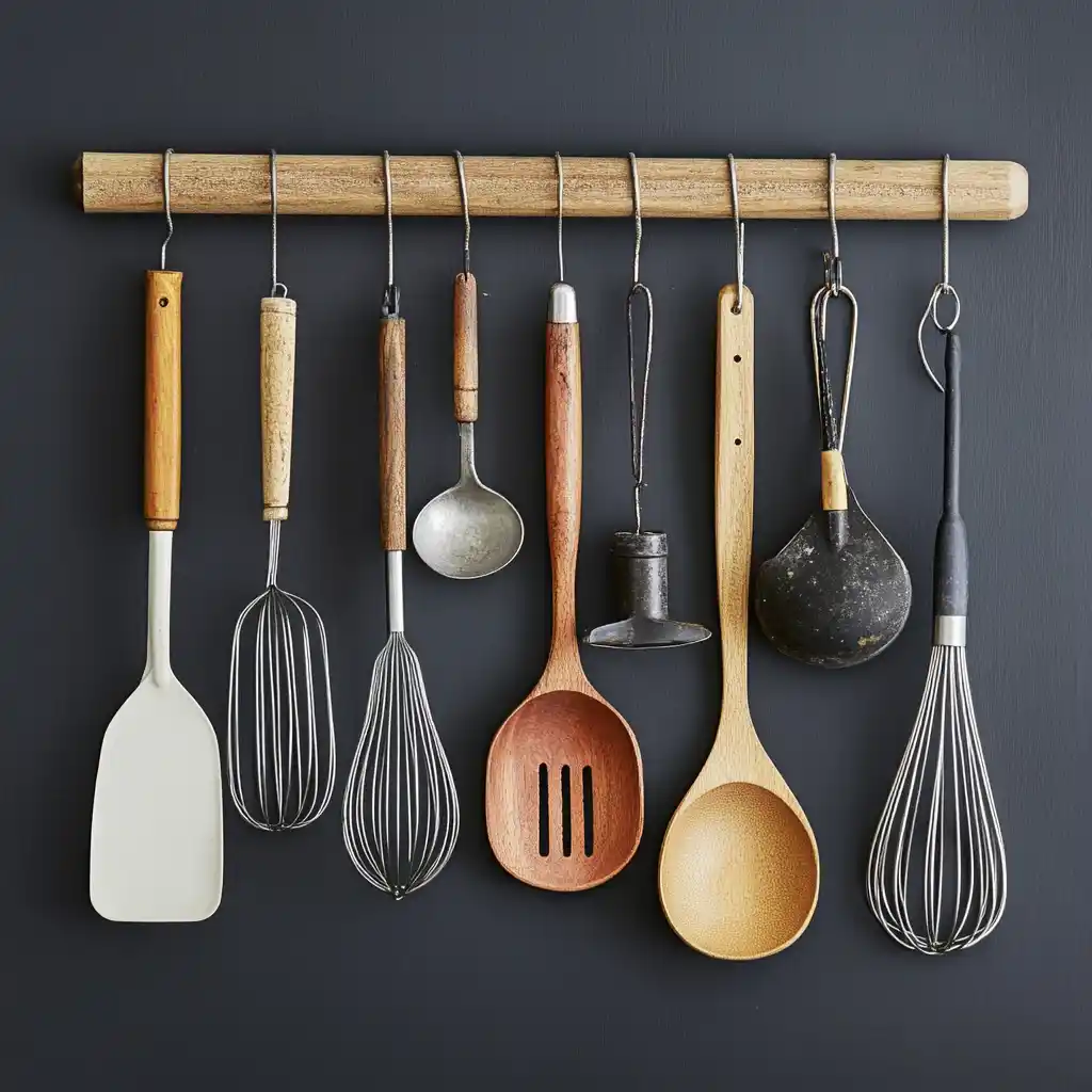 An organized display of kitchen utensils hanging on a wooden rack against a dark background, including whisks, wooden spoons, spatulas, and ladles