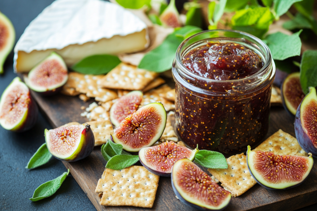 An artisanal spread with a jar of fig jam surrounded by crackers, sliced figs, sage leaves, and a wedge of brie cheese on a rustic wooden board