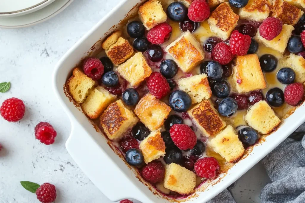 Freshly baked sourdough French toast casserole topped with golden bread cubes, raspberries, and blueberries, ready to be served