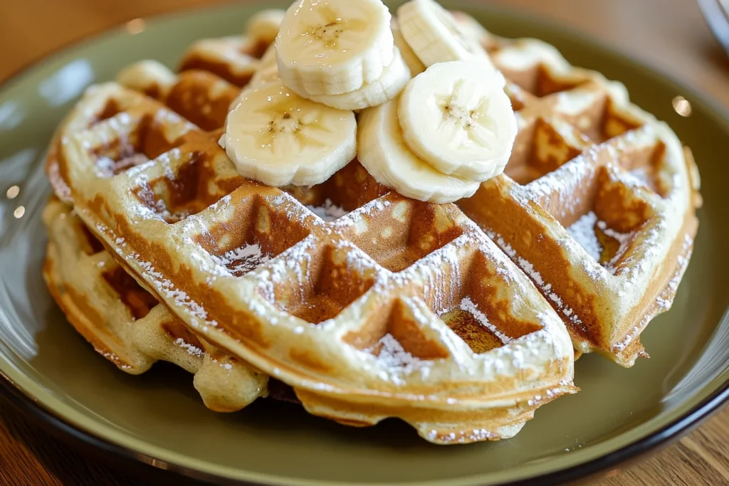 A stack of waffles dusted with powdered sugar and topped with fresh banana slices.