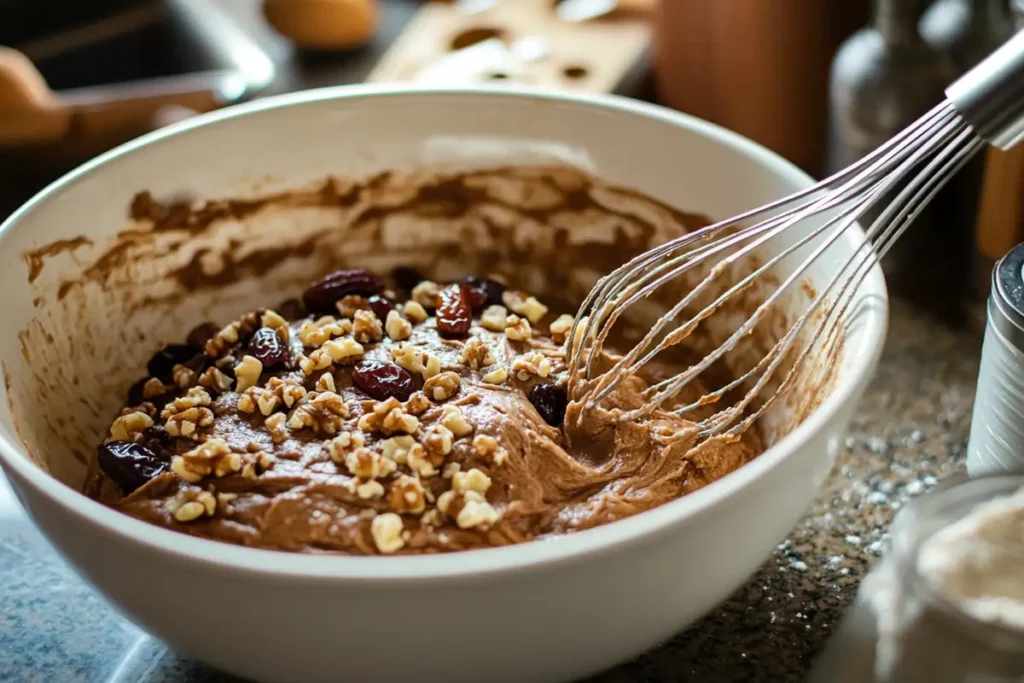 A bowl of date nut bread batter mixed with chopped walnuts and dates, with a whisk resting inside.