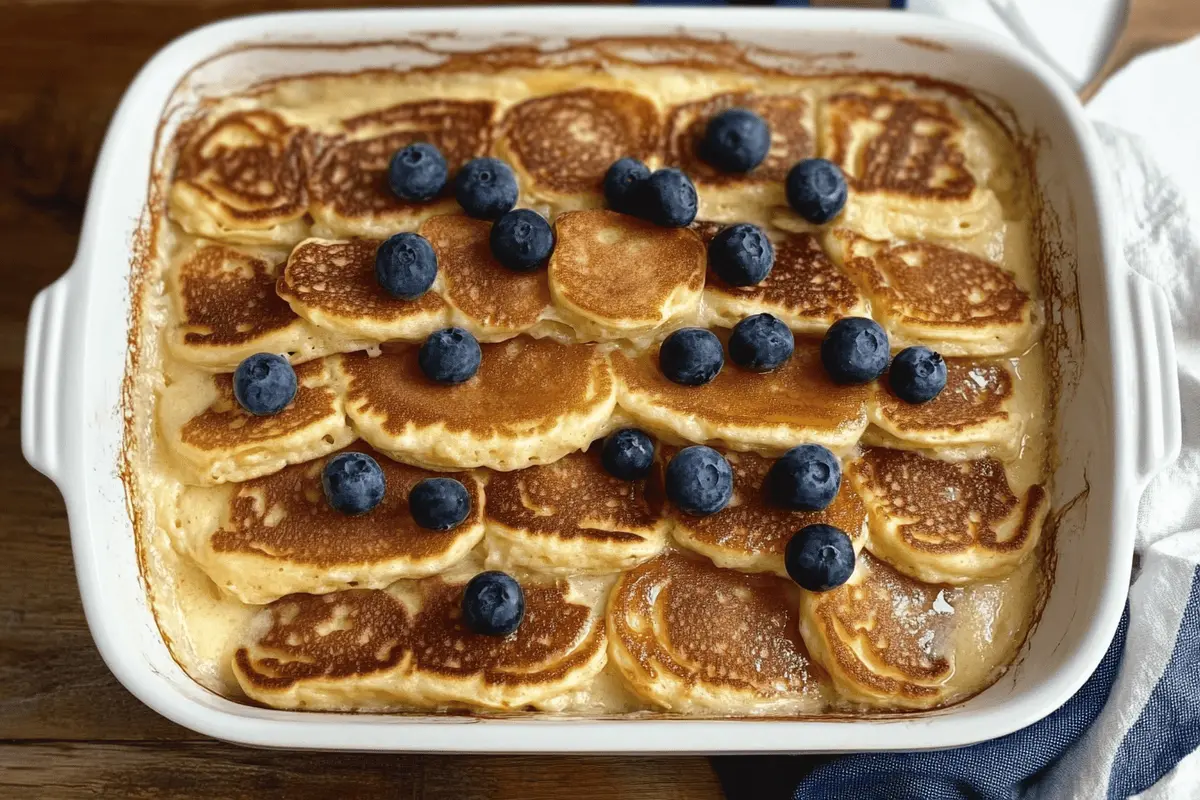 :A baked pancake casserole in a white dish, topped with fresh blueberries and golden pancake layers, placed on a rustic wooden table with a navy blue napkin.