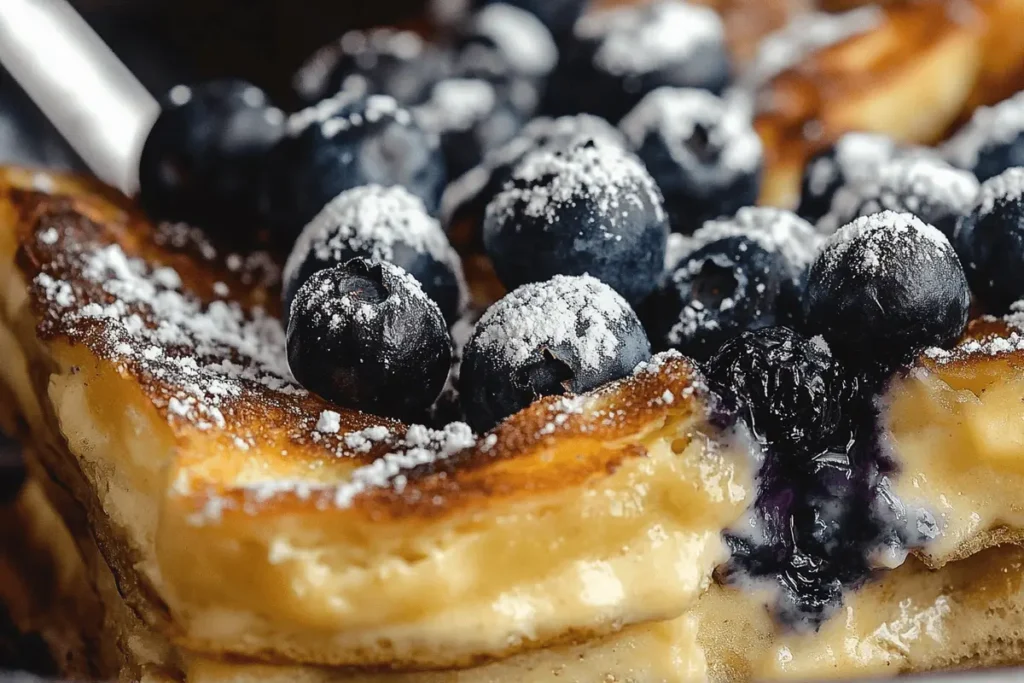 A close-up view of a slice of pancake casserole topped with fresh blueberries and a dusting of powdered sugar, highlighting the golden crust and creamy interior