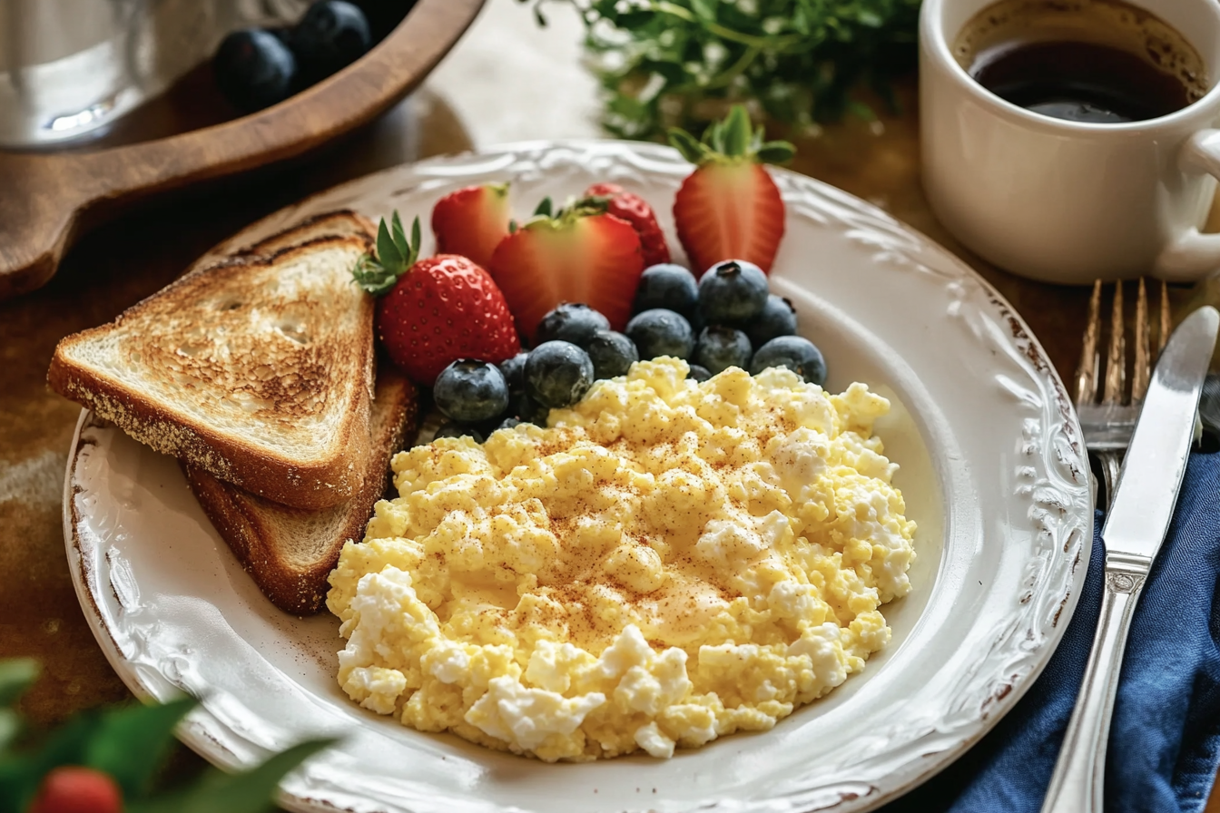 A cozy breakfast table featuring scrambled eggs with cottage cheese, toast, avocado, fresh fruit, and coffee.