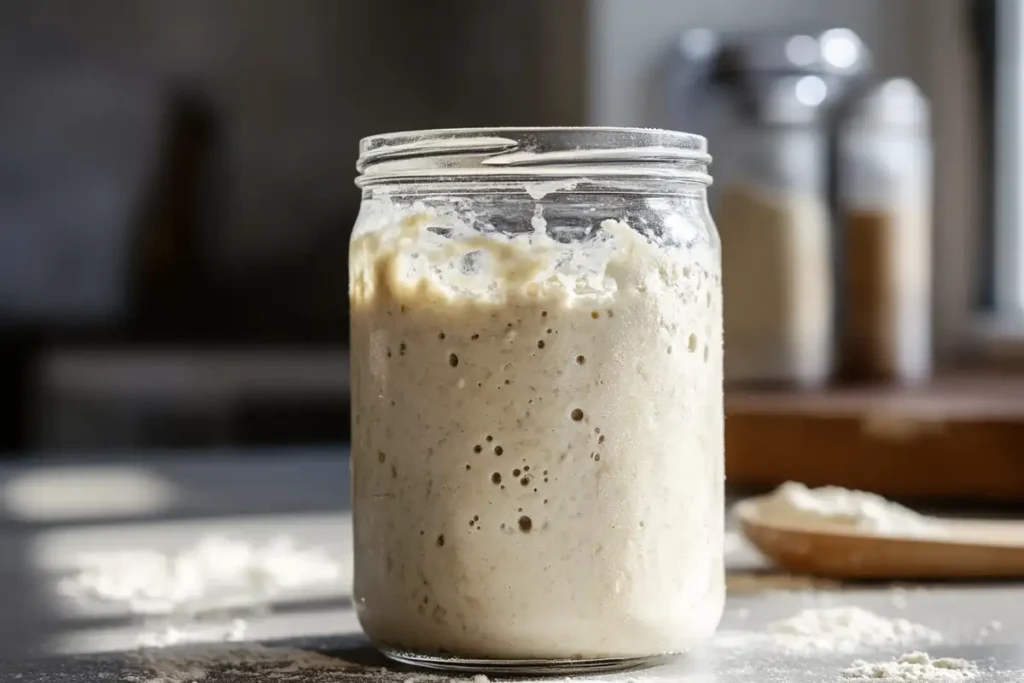 A glass jar filled with active sourdough starter, showing bubbles and a fluffy texture, sitting on a kitchen counter with flour sprinkled around.