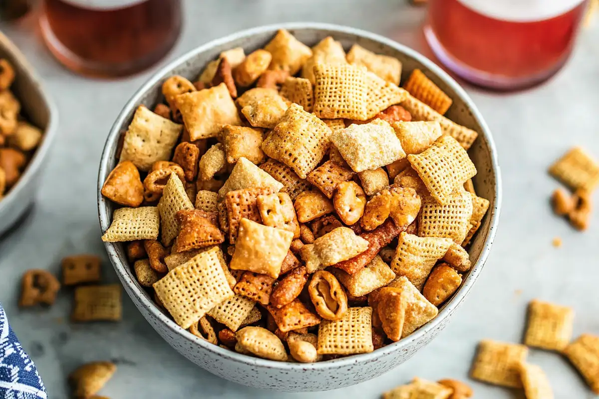 An overhead view of glass bowls arranged on a marble surface, containing Chex cereal, pretzels, cashews, and various crunchy ingredients for Chex Mix.