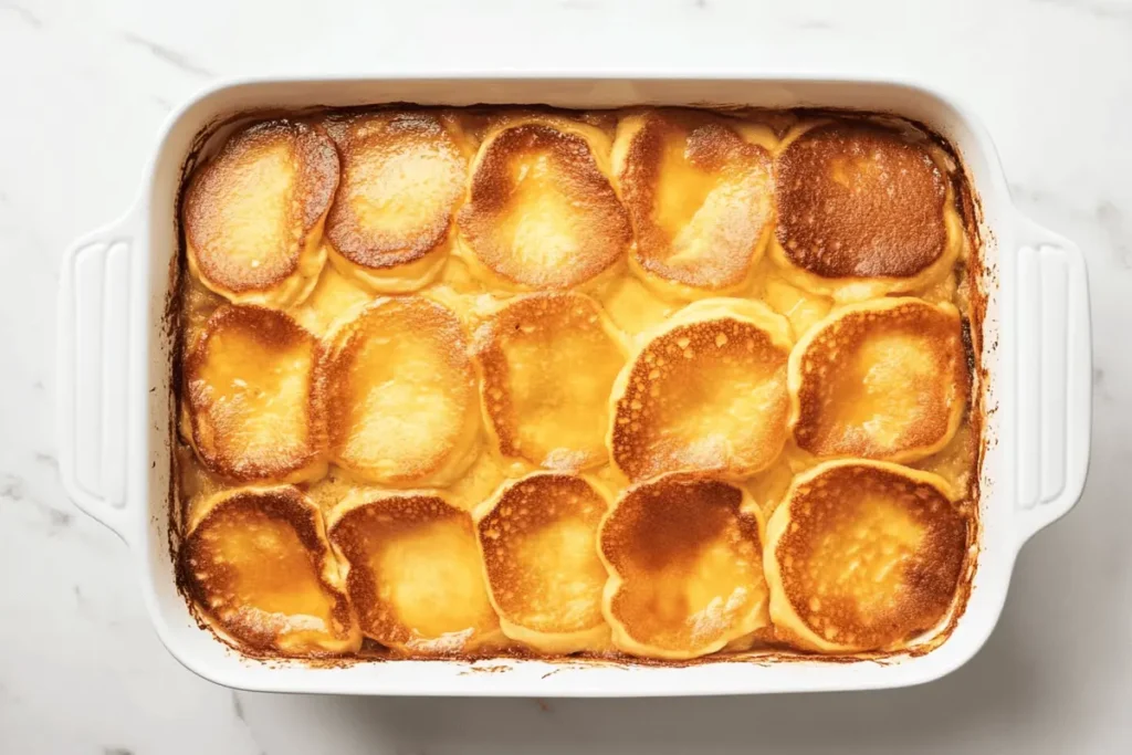 A top-down view of a golden pancake casserole baked to perfection in a rectangular white dish, resting on a white marble surface