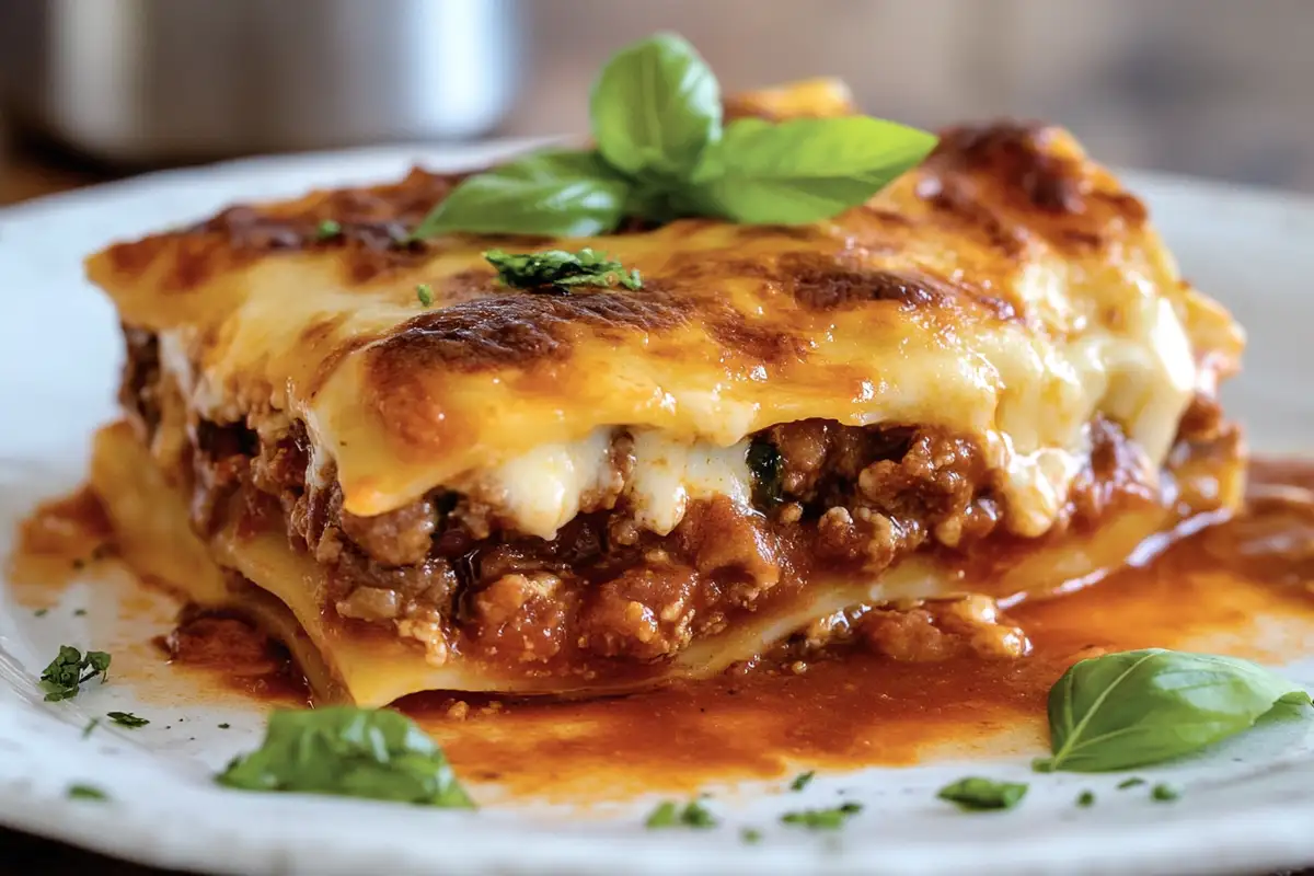 A slice of lasagna Bolognese with Bechamel sauce, featuring rich layers of meat, pasta, and melted cheese, garnished with fresh basil.