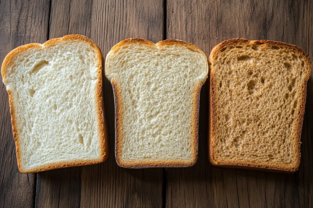 Sourdough bread alongside white bread and whole wheat bread for comparison.