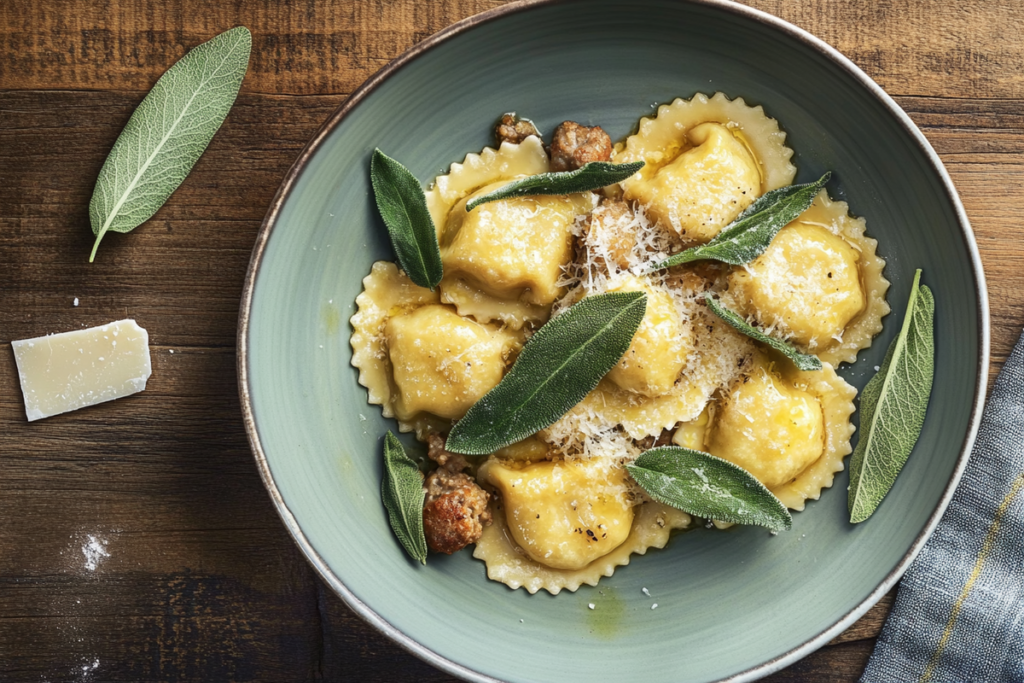 Plated Italian meat ravioli drizzled with sage butter sauce, garnished with Parmesan.
