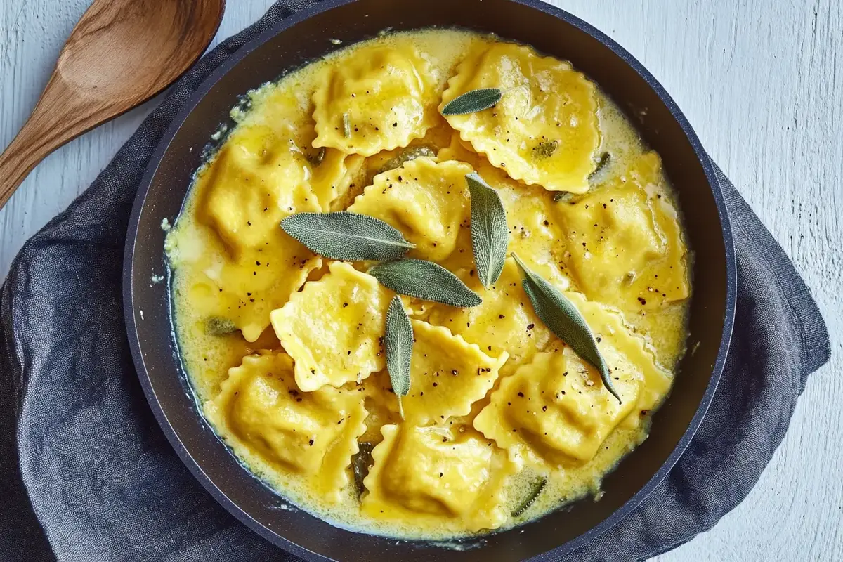 Plated Italian meat ravioli drizzled with sage butter sauce, garnished with Parmesan.