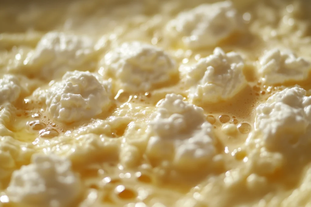 Scrambled eggs cooking in a nonstick pan with melting cottage cheese.
