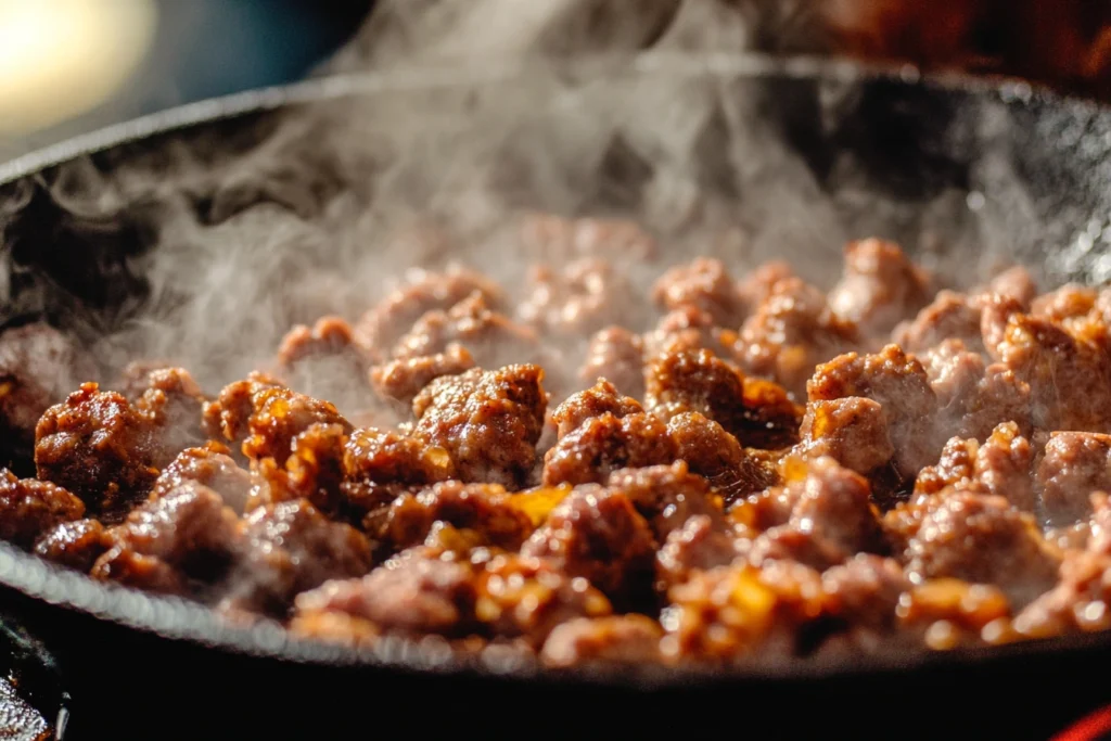 Italian sausage browning in a cast-iron pot, with steam rising and bits of caramelization visible at the bottom.